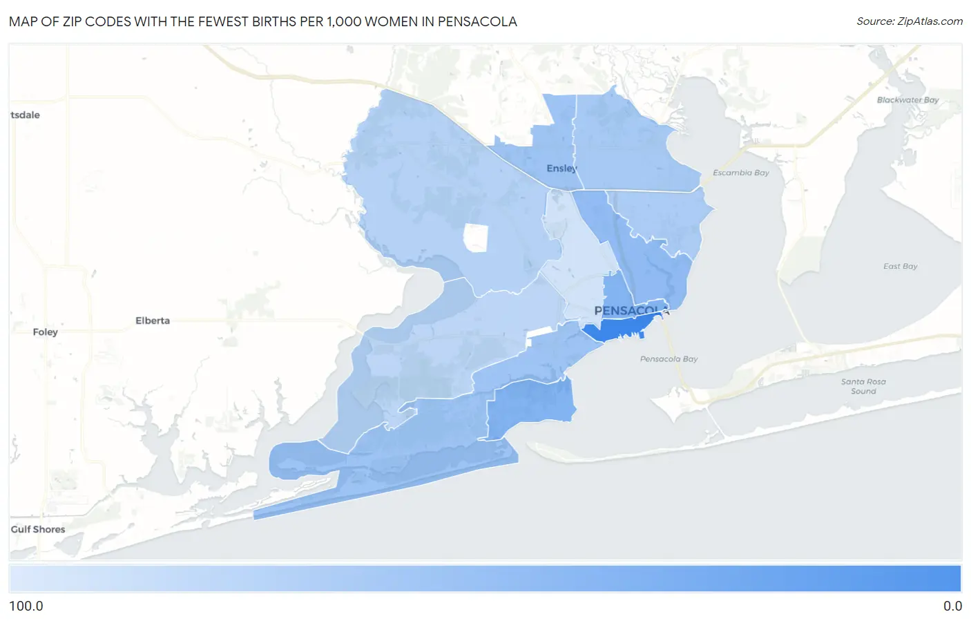 Zip Codes with the Fewest Births per 1,000 Women in Pensacola Map