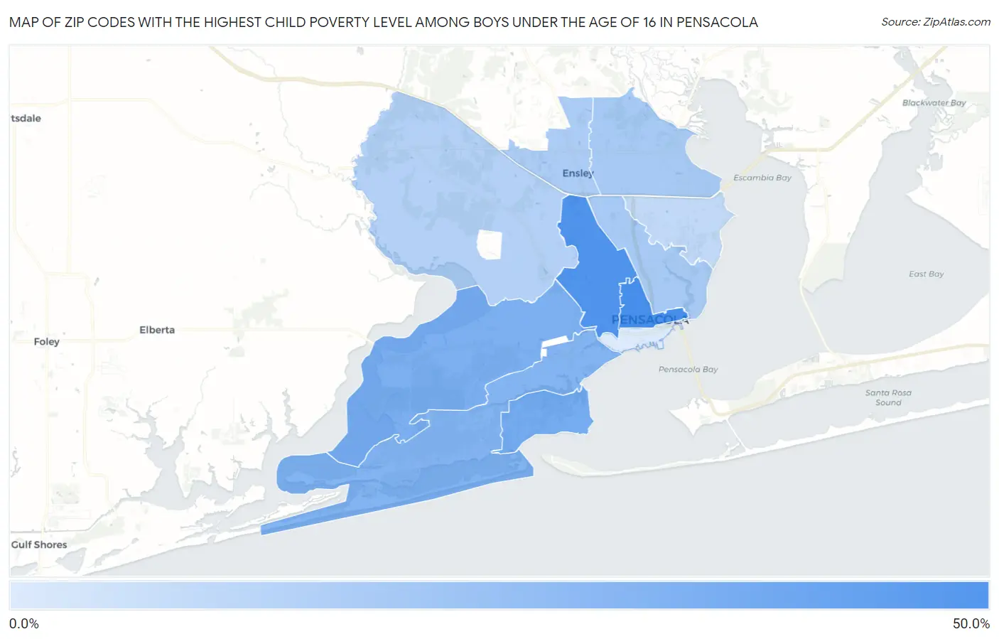 Zip Codes with the Highest Child Poverty Level Among Boys Under the Age of 16 in Pensacola Map