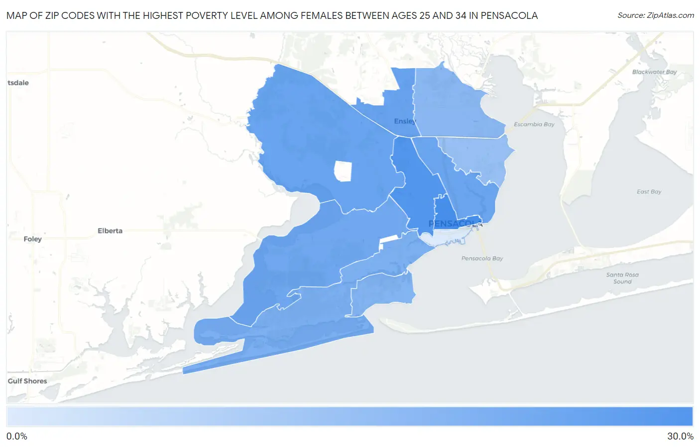 Zip Codes with the Highest Poverty Level Among Females Between Ages 25 and 34 in Pensacola Map