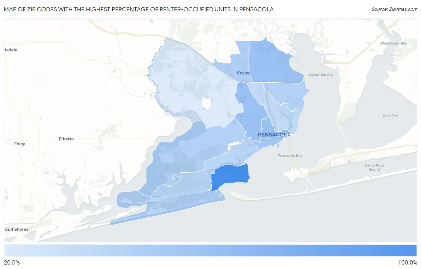 Zip Codes with the Highest Percentage of Renter-Occupied Units in Pensacola Map