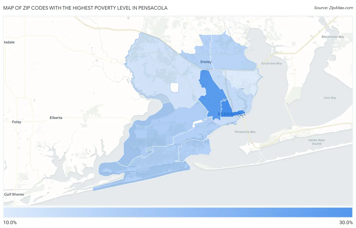 Zip Codes with the Highest Poverty Level in Pensacola Map