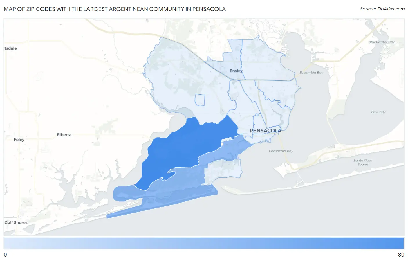 Zip Codes with the Largest Argentinean Community in Pensacola Map