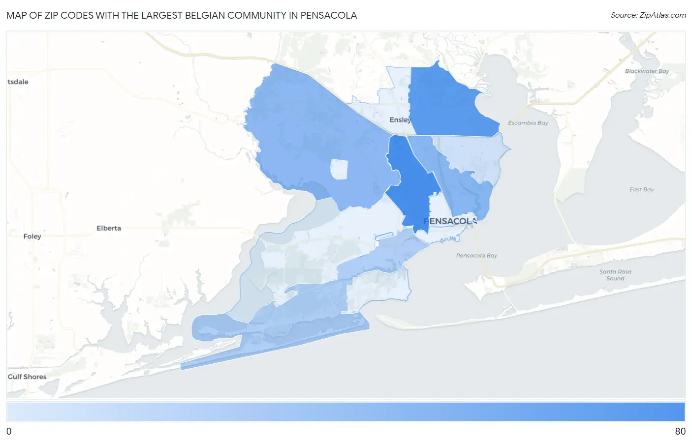 Zip Codes with the Largest Belgian Community in Pensacola Map