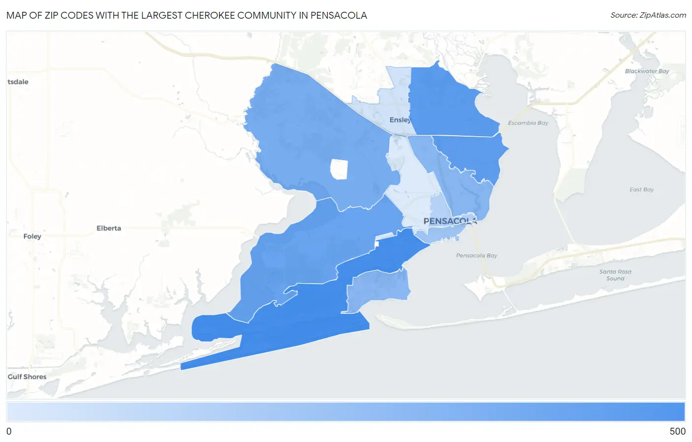 Zip Codes with the Largest Cherokee Community in Pensacola Map