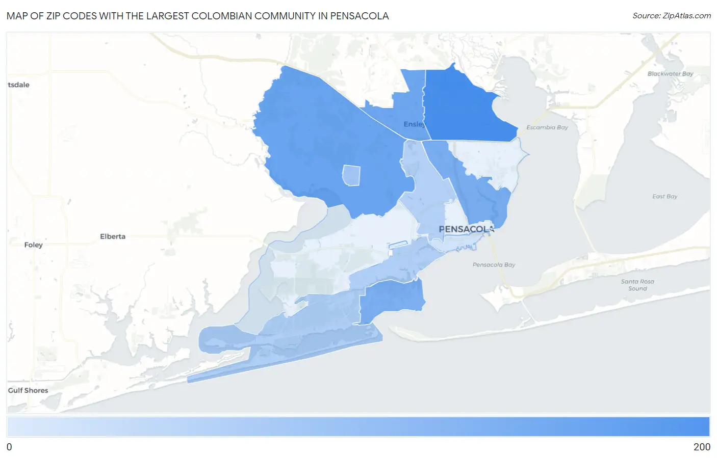 Zip Codes with the Largest Colombian Community in Pensacola Map