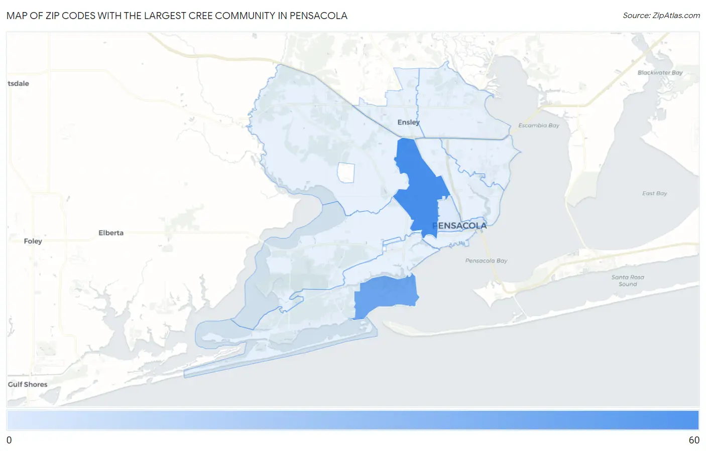 Zip Codes with the Largest Cree Community in Pensacola Map