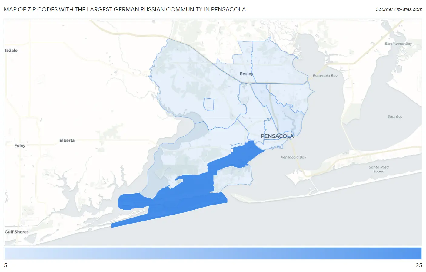 Zip Codes with the Largest German Russian Community in Pensacola Map