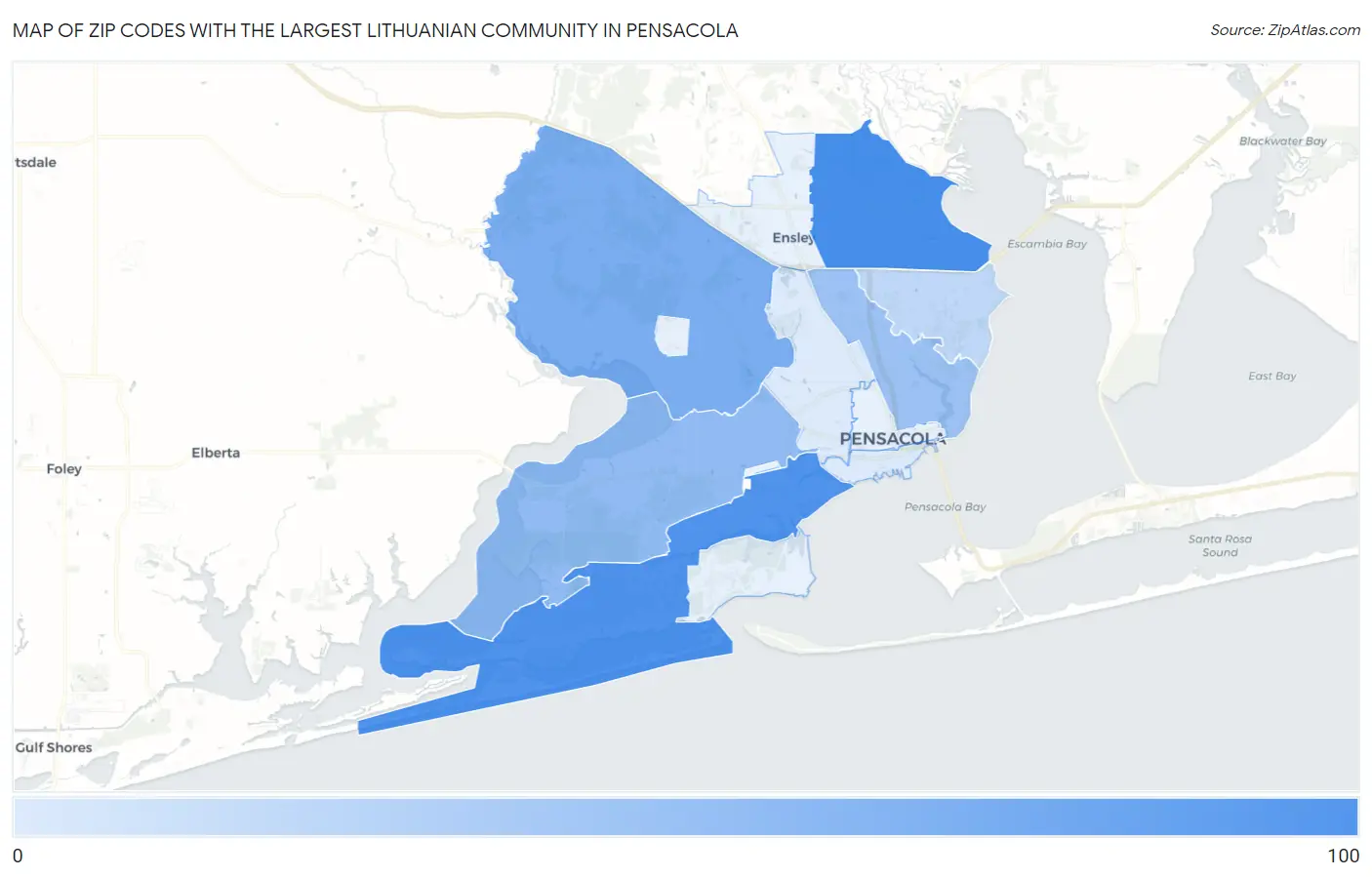 Zip Codes with the Largest Lithuanian Community in Pensacola Map