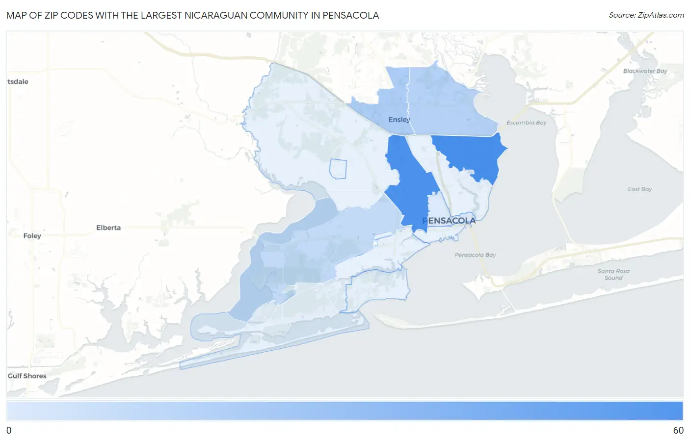 Zip Codes with the Largest Nicaraguan Community in Pensacola Map