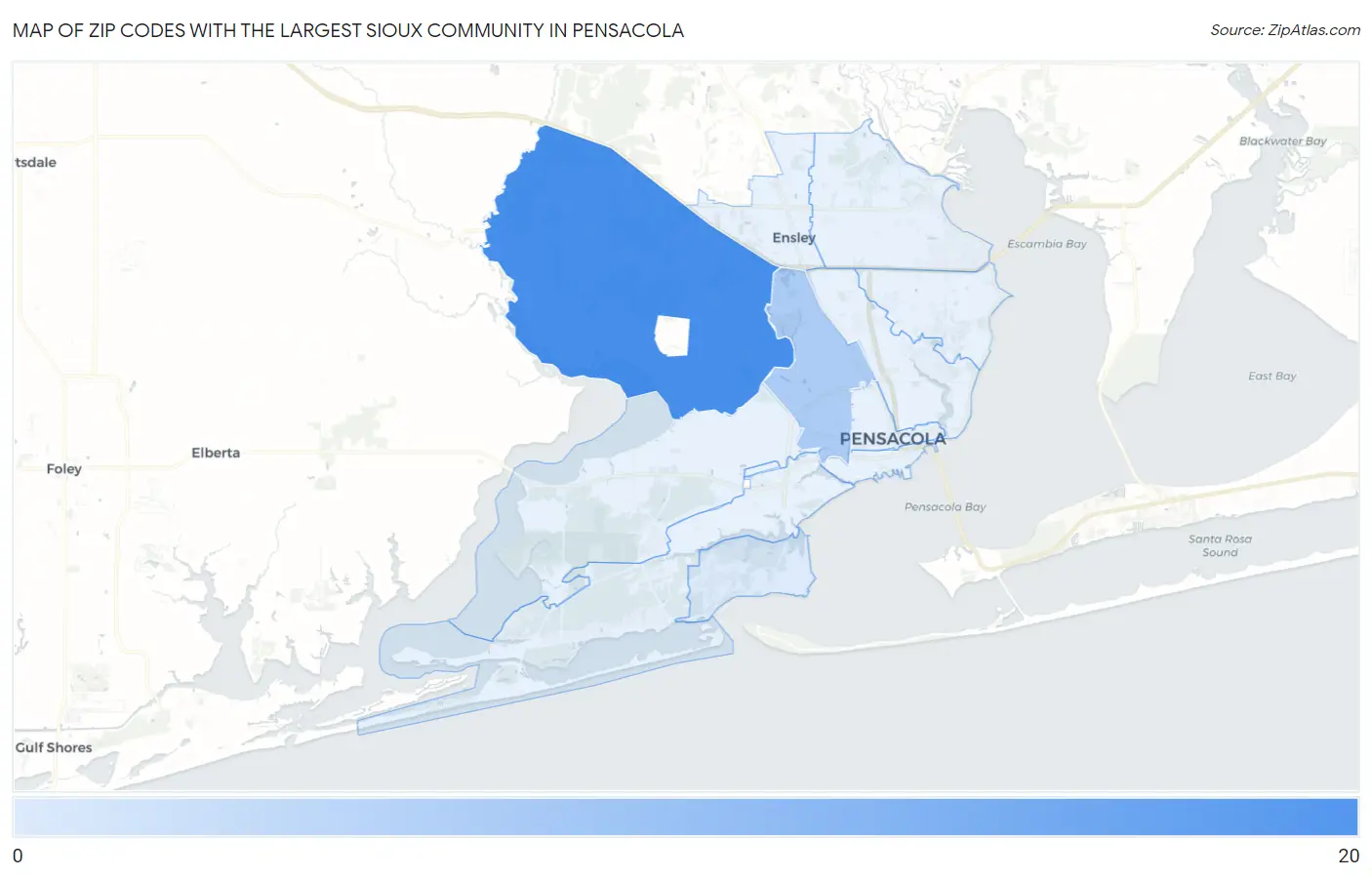 Zip Codes with the Largest Sioux Community in Pensacola Map