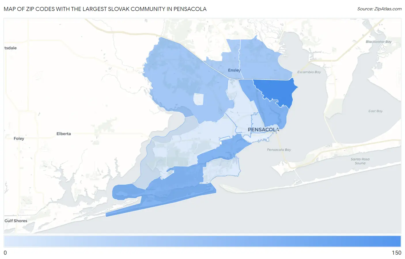 Zip Codes with the Largest Slovak Community in Pensacola Map