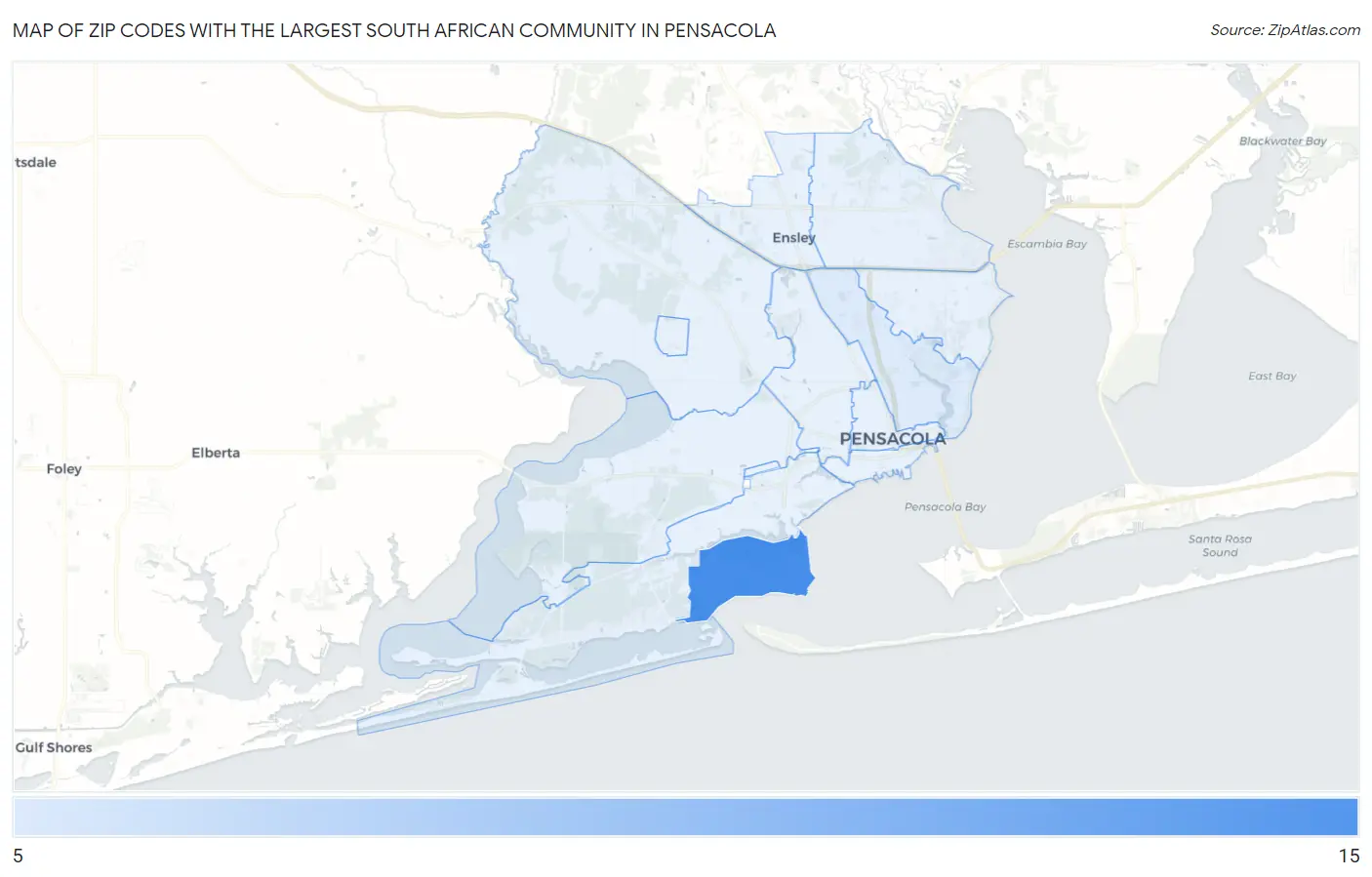 Zip Codes with the Largest South African Community in Pensacola Map