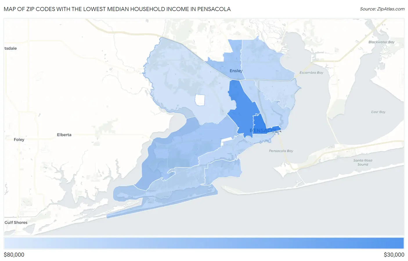 Zip Codes with the Lowest Median Household Income in Pensacola Map