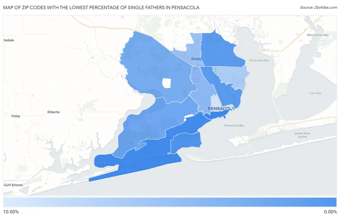 Zip Codes with the Lowest Percentage of Single Fathers in Pensacola Map