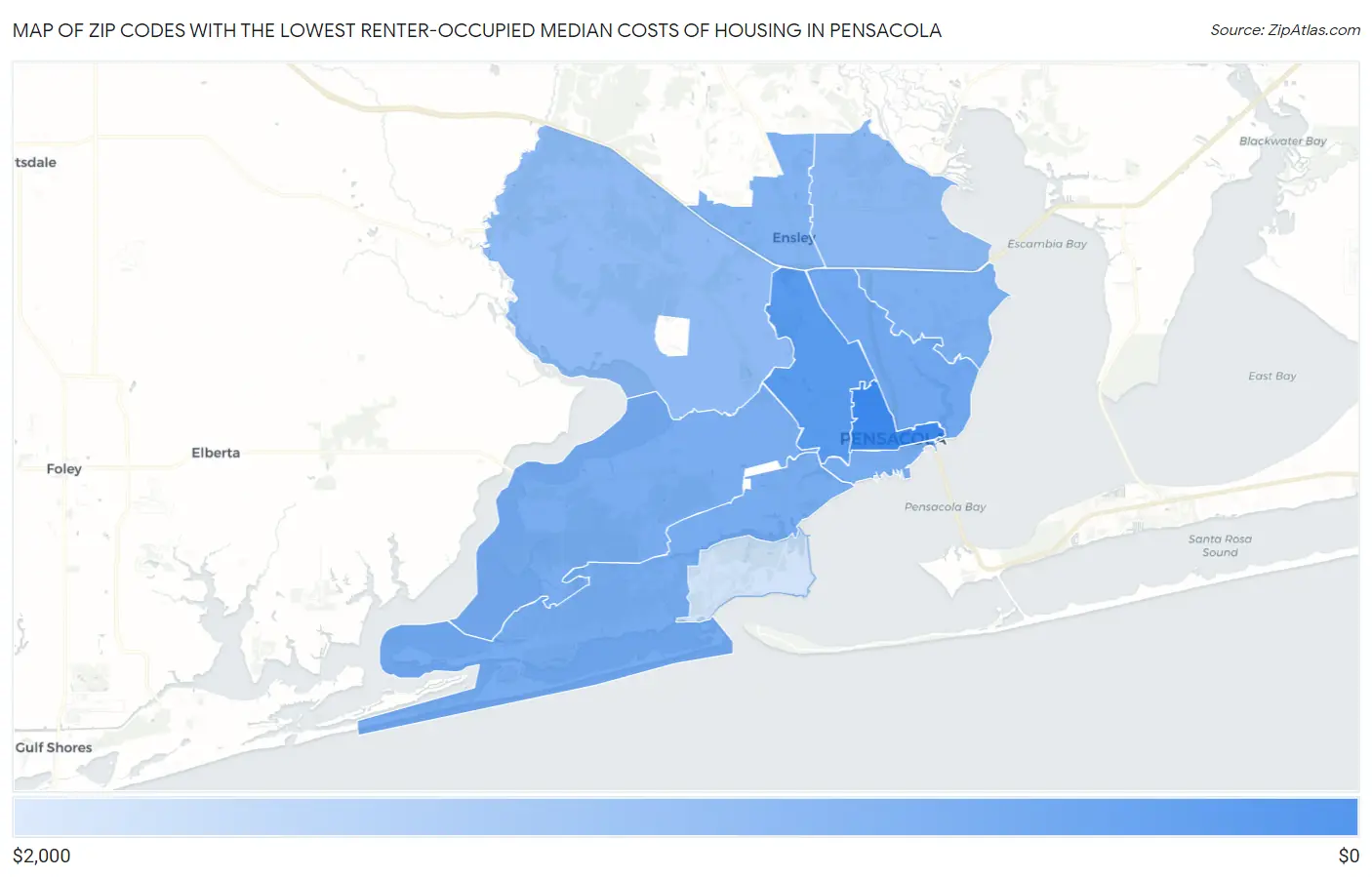 Zip Codes with the Lowest Renter-Occupied Median Costs of Housing in Pensacola Map
