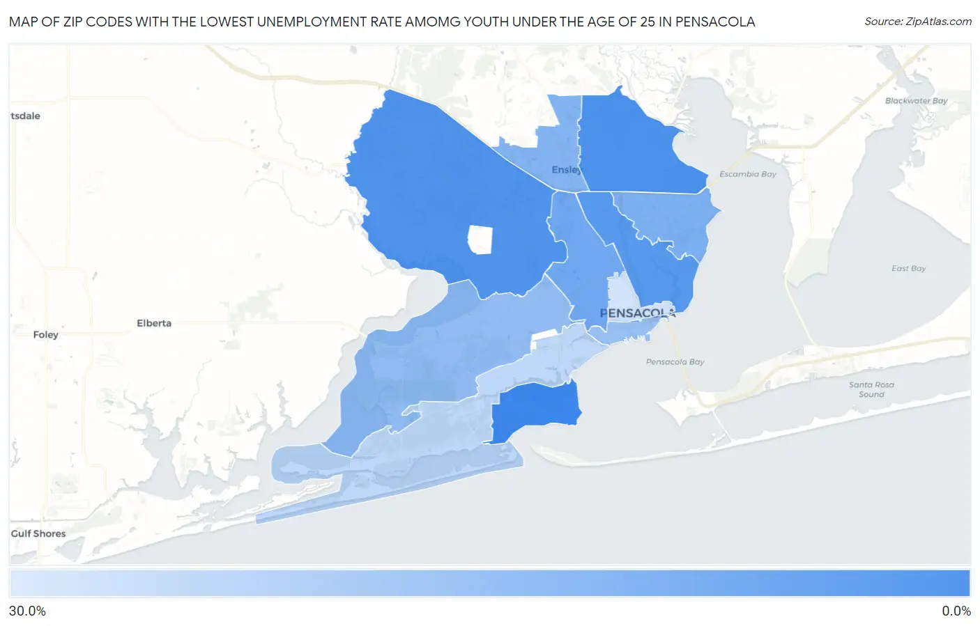 Zip Codes with the Lowest Unemployment Rate Amomg Youth Under the Age of 25 in Pensacola Map