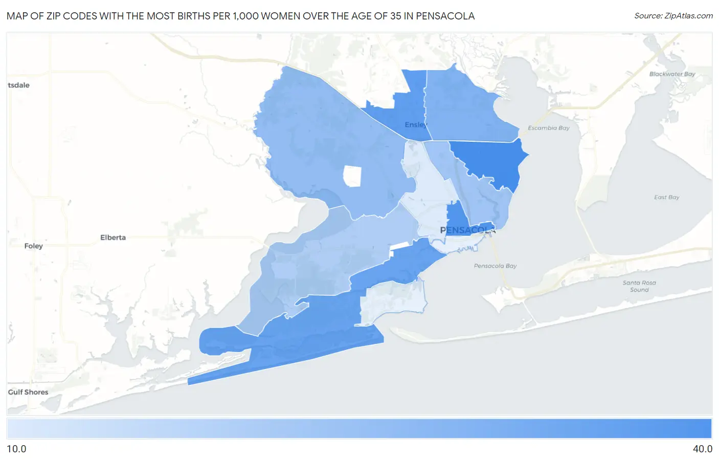 Zip Codes with the Most Births per 1,000 Women Over the Age of 35 in Pensacola Map