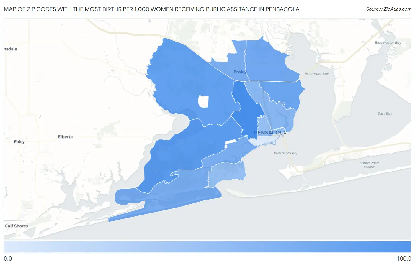 Zip Codes with the Most Births per 1,000 Women Receiving Public Assitance in Pensacola Map