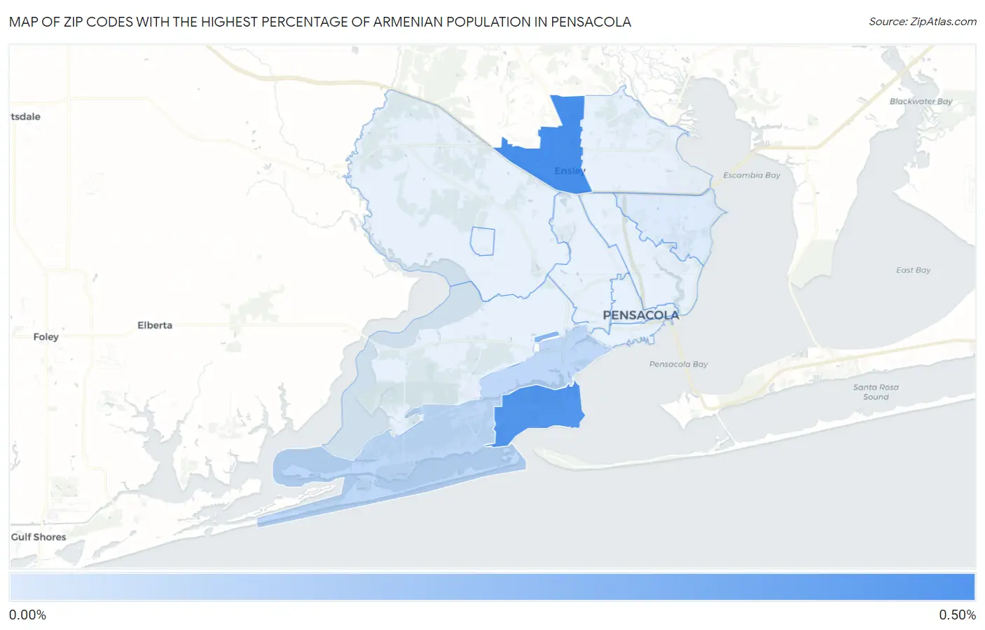 Zip Codes with the Highest Percentage of Armenian Population in Pensacola Map