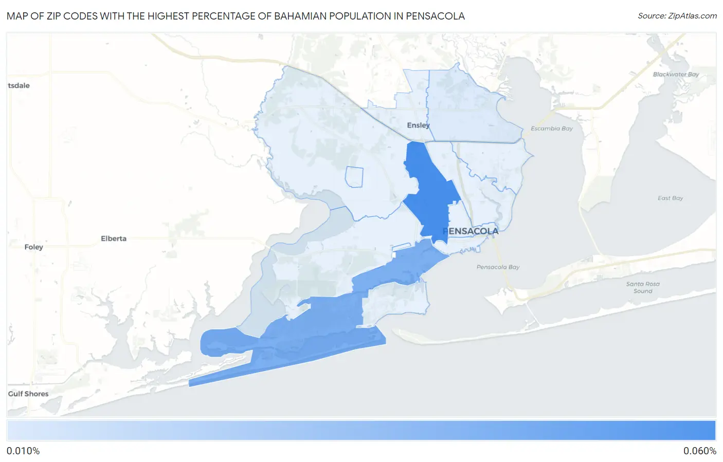 Zip Codes with the Highest Percentage of Bahamian Population in Pensacola Map
