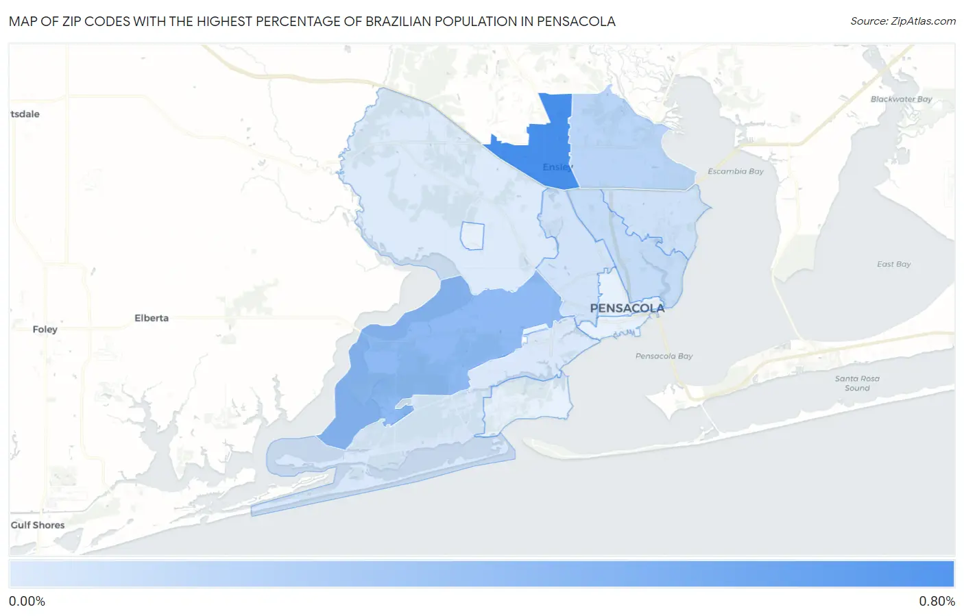 Zip Codes with the Highest Percentage of Brazilian Population in Pensacola Map