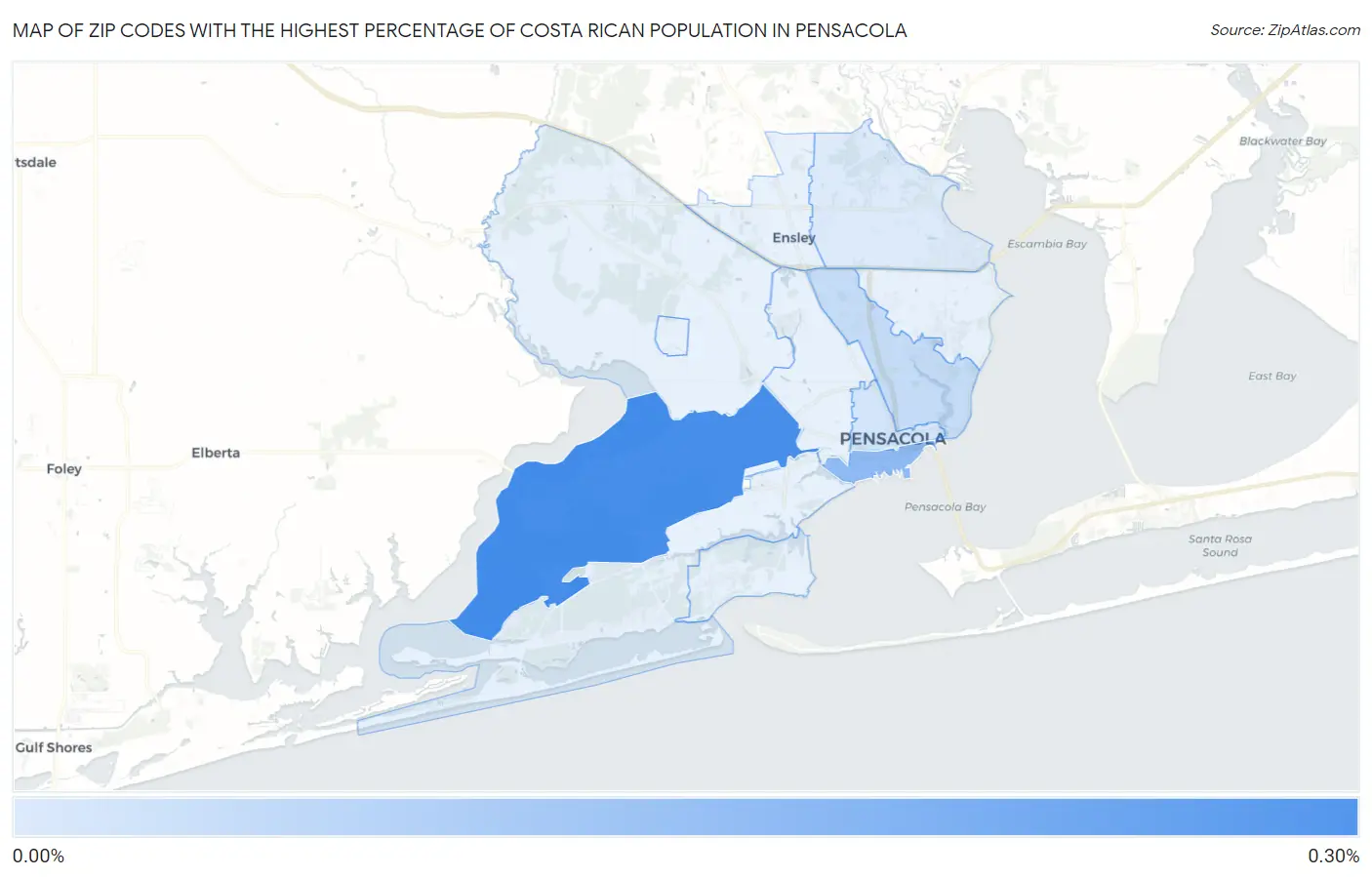 Zip Codes with the Highest Percentage of Costa Rican Population in Pensacola Map