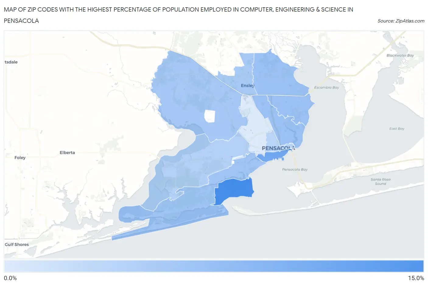 Zip Codes with the Highest Percentage of Population Employed in Computer, Engineering & Science in Pensacola Map