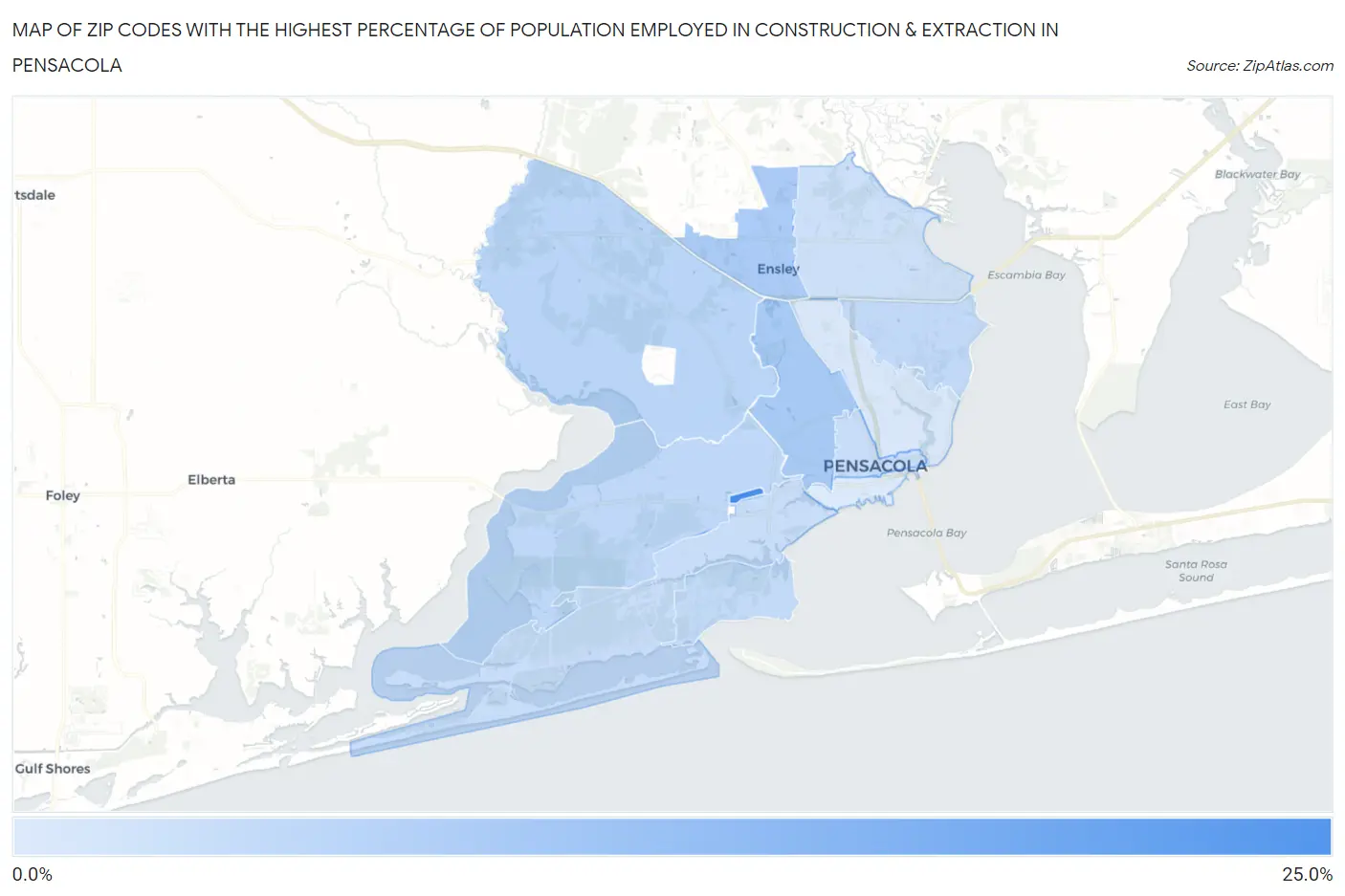 Zip Codes with the Highest Percentage of Population Employed in Construction & Extraction in Pensacola Map