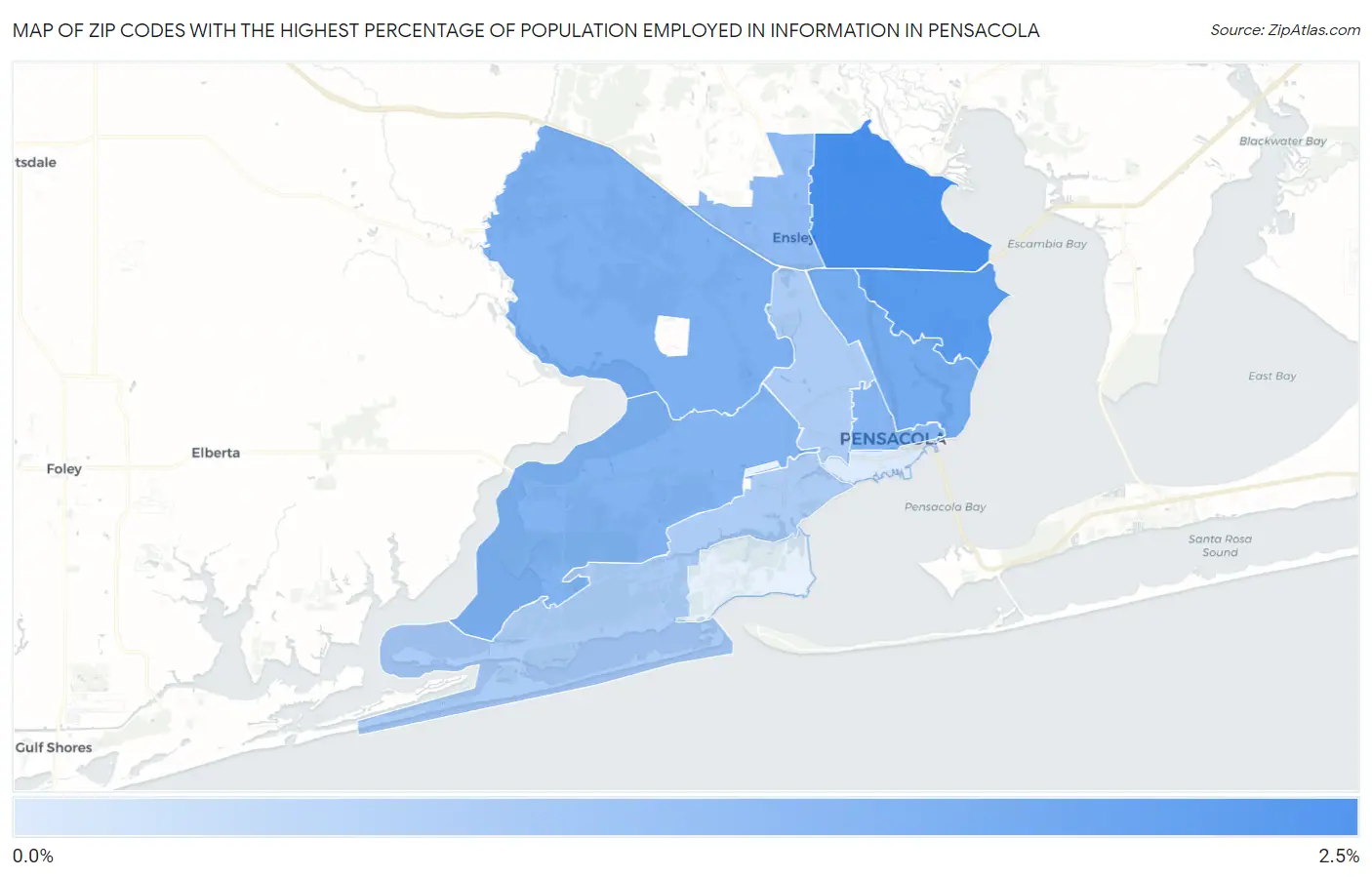 Zip Codes with the Highest Percentage of Population Employed in Information in Pensacola Map