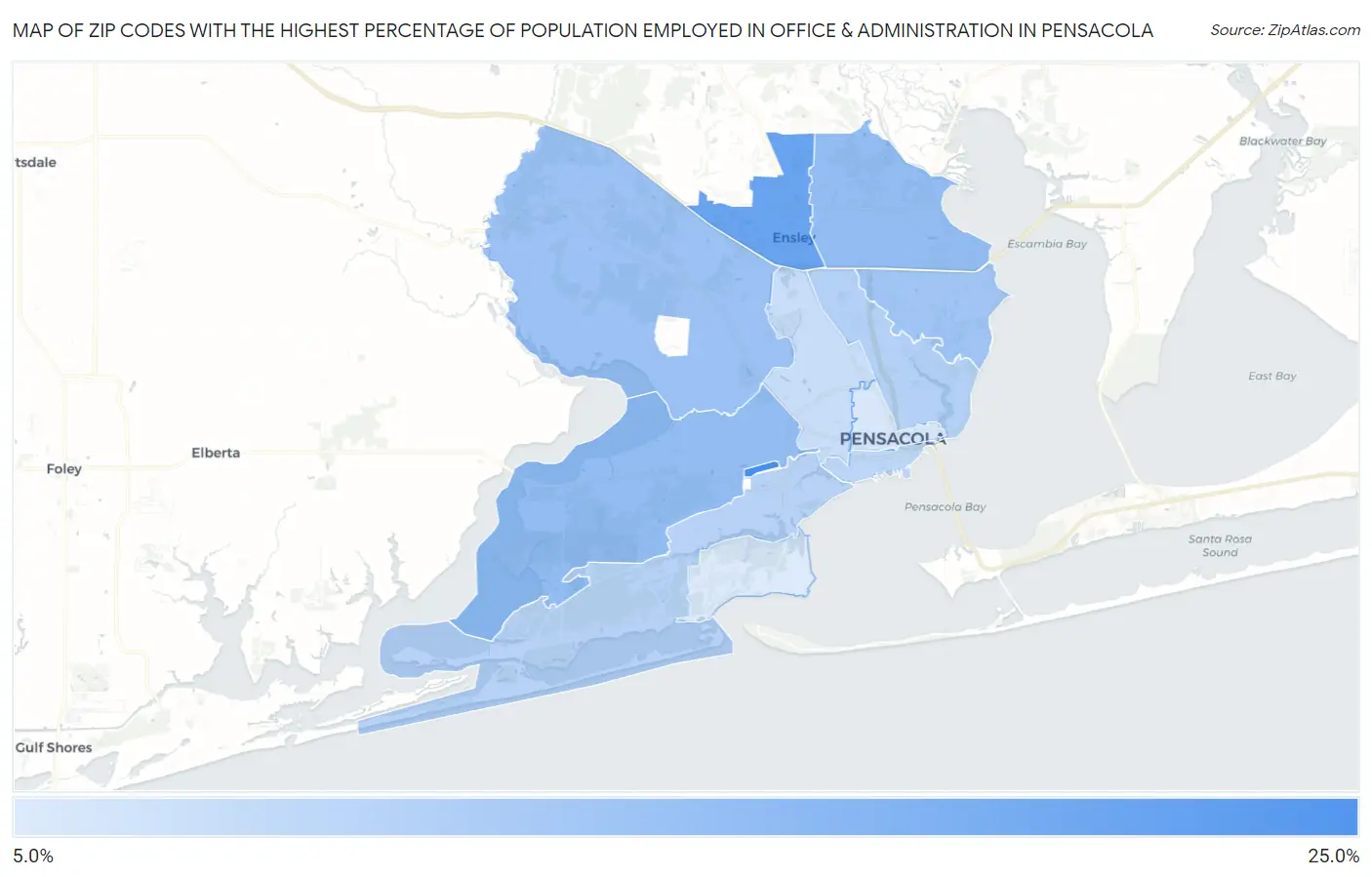 Zip Codes with the Highest Percentage of Population Employed in Office & Administration in Pensacola Map