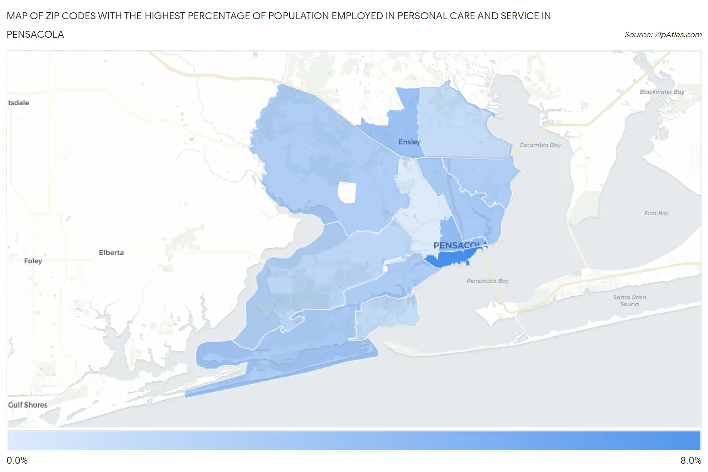 Zip Codes with the Highest Percentage of Population Employed in Personal Care and Service in Pensacola Map