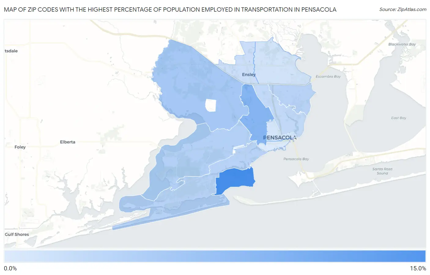 Zip Codes with the Highest Percentage of Population Employed in Transportation in Pensacola Map