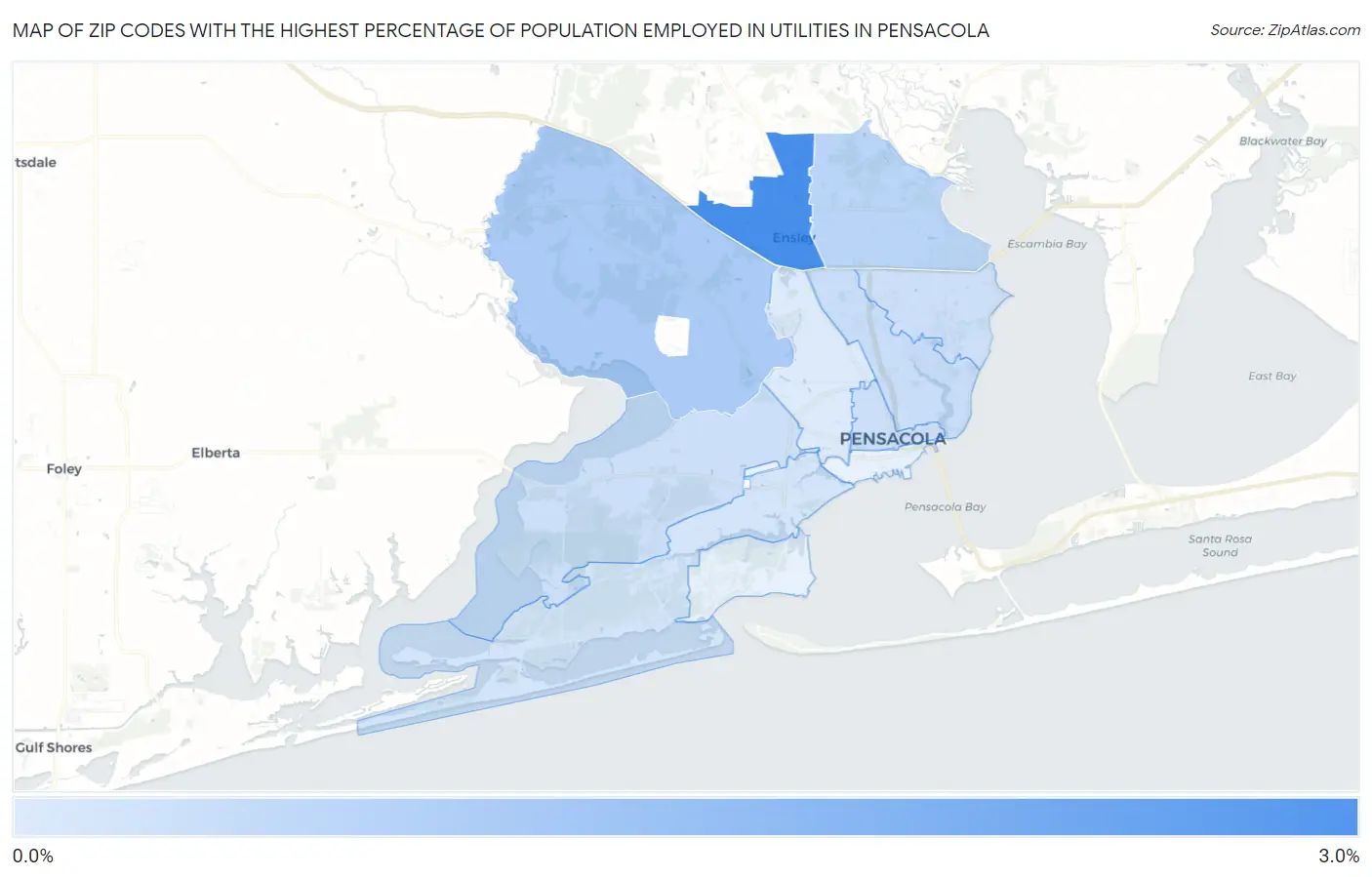 Zip Codes with the Highest Percentage of Population Employed in Utilities in Pensacola Map