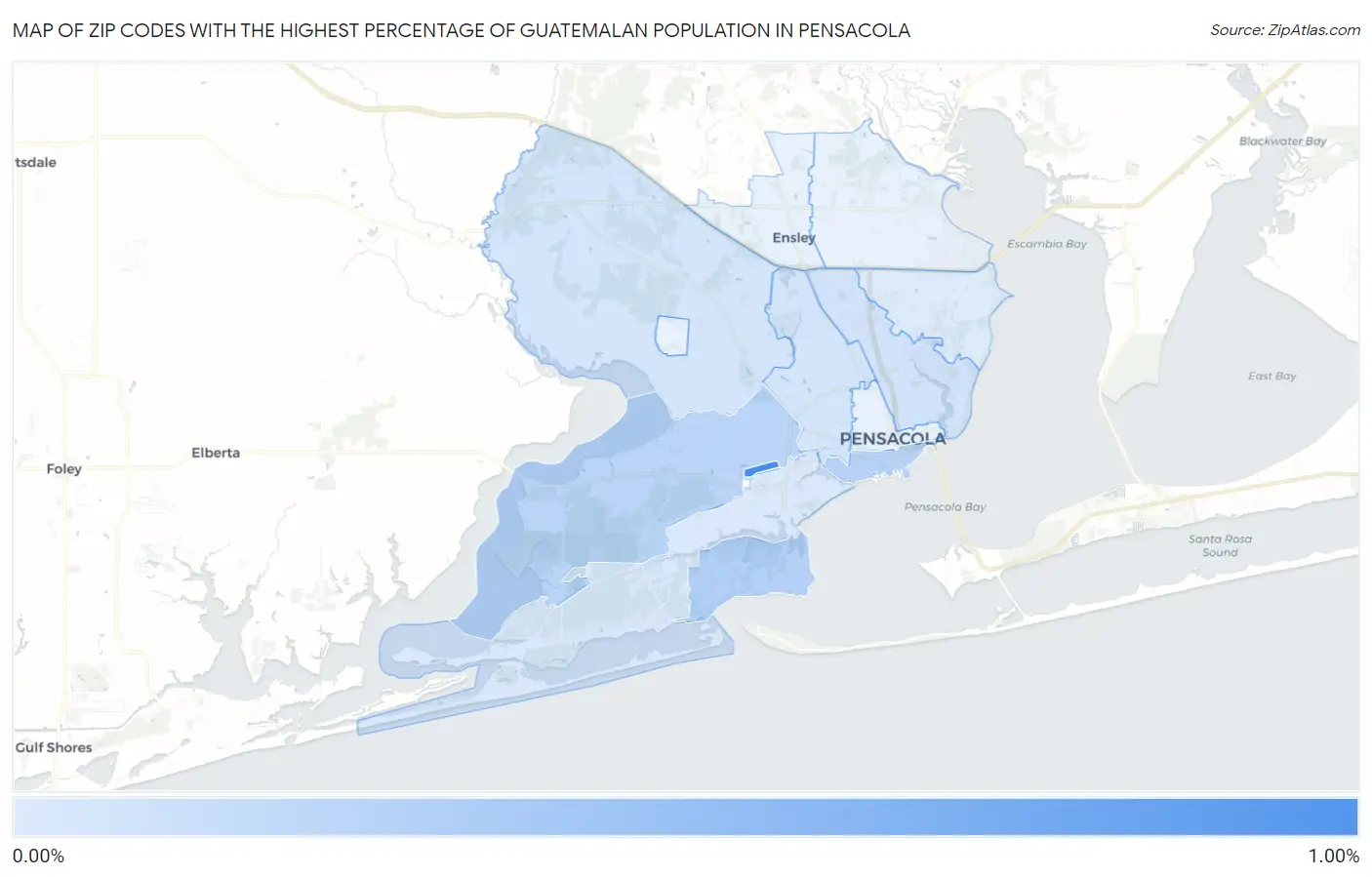 Zip Codes with the Highest Percentage of Guatemalan Population in Pensacola Map