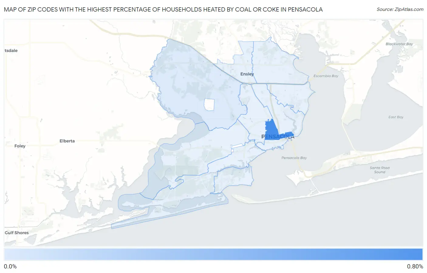 Zip Codes with the Highest Percentage of Households Heated by Coal or Coke in Pensacola Map