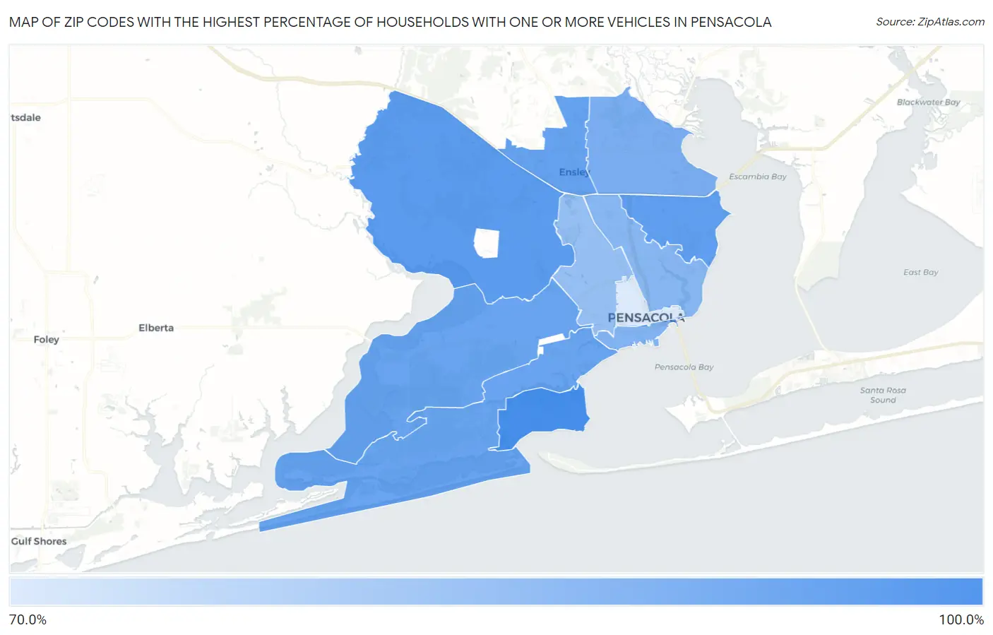 Zip Codes with the Highest Percentage of Households With One or more Vehicles in Pensacola Map