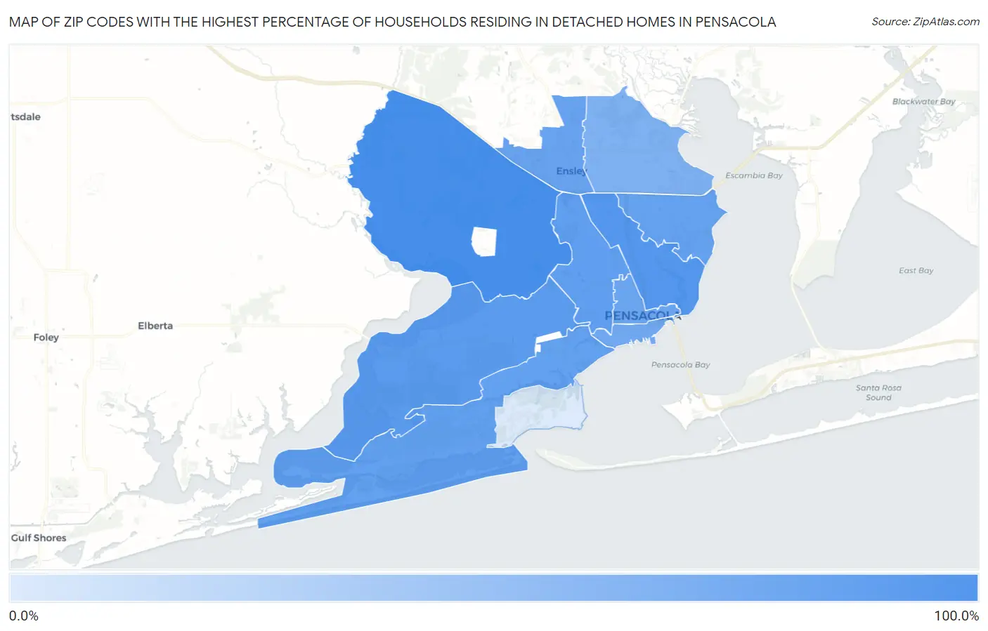 Zip Codes with the Highest Percentage of Households Residing in Detached Homes in Pensacola Map