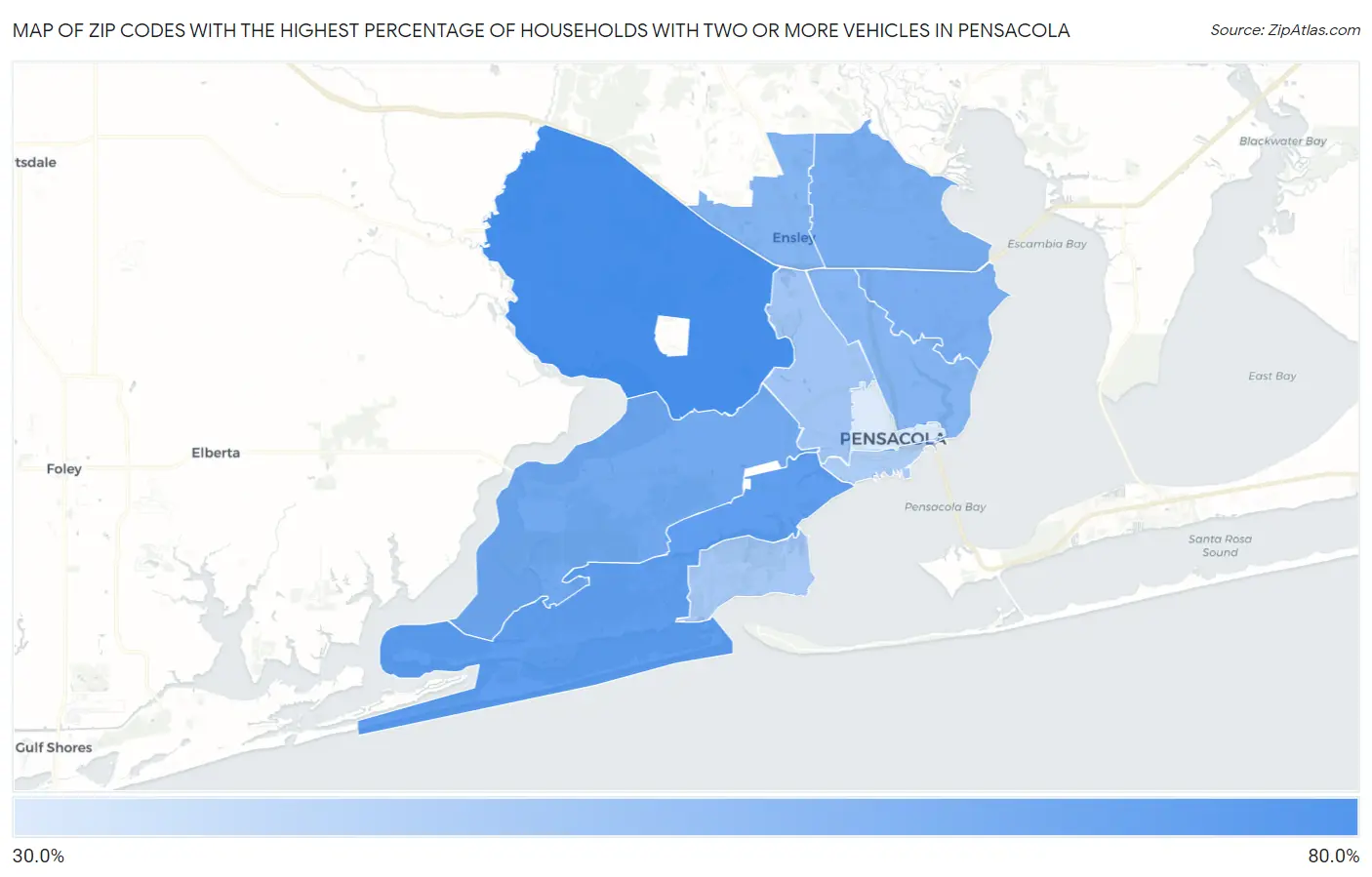 Zip Codes with the Highest Percentage of Households With Two or more Vehicles in Pensacola Map