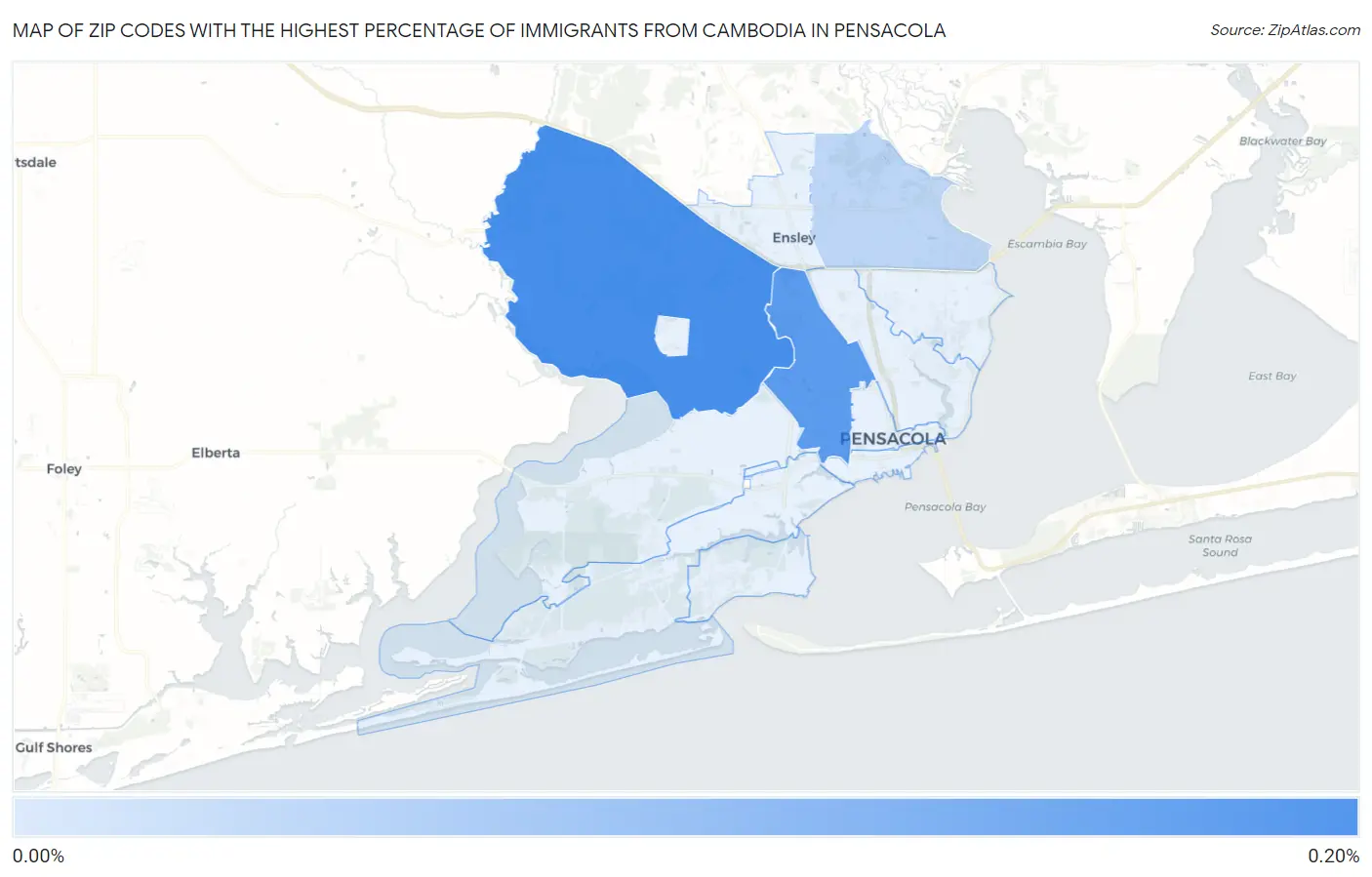 Zip Codes with the Highest Percentage of Immigrants from Cambodia in Pensacola Map