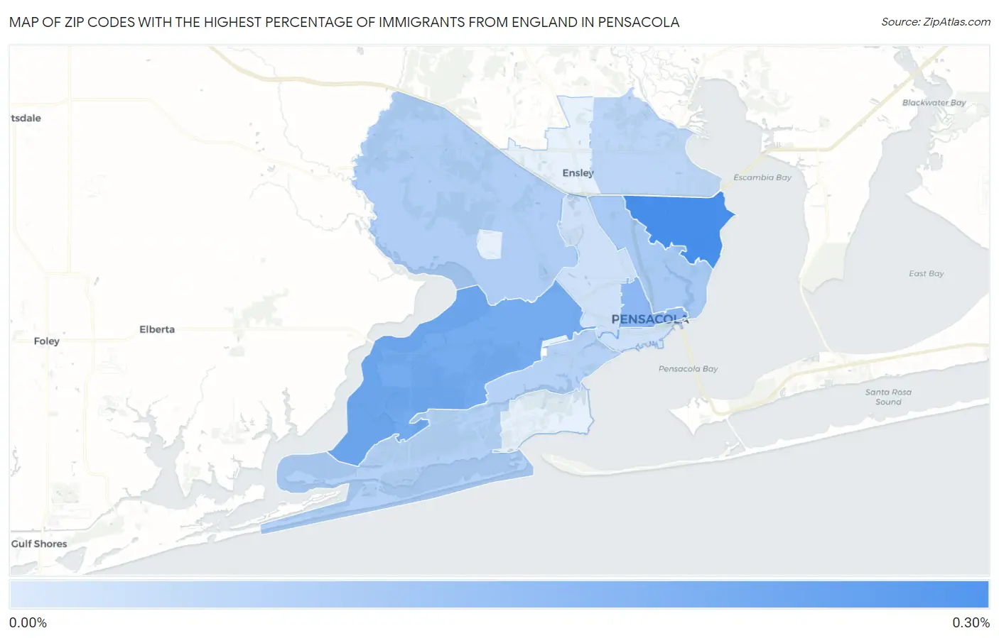 Zip Codes with the Highest Percentage of Immigrants from England in Pensacola Map