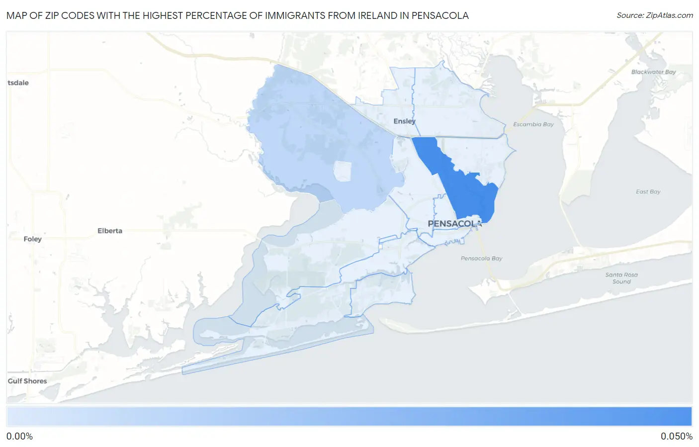 Zip Codes with the Highest Percentage of Immigrants from Ireland in Pensacola Map