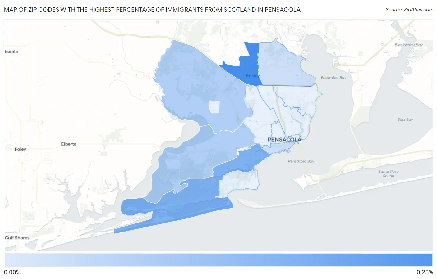 Zip Codes with the Highest Percentage of Immigrants from Scotland in Pensacola Map