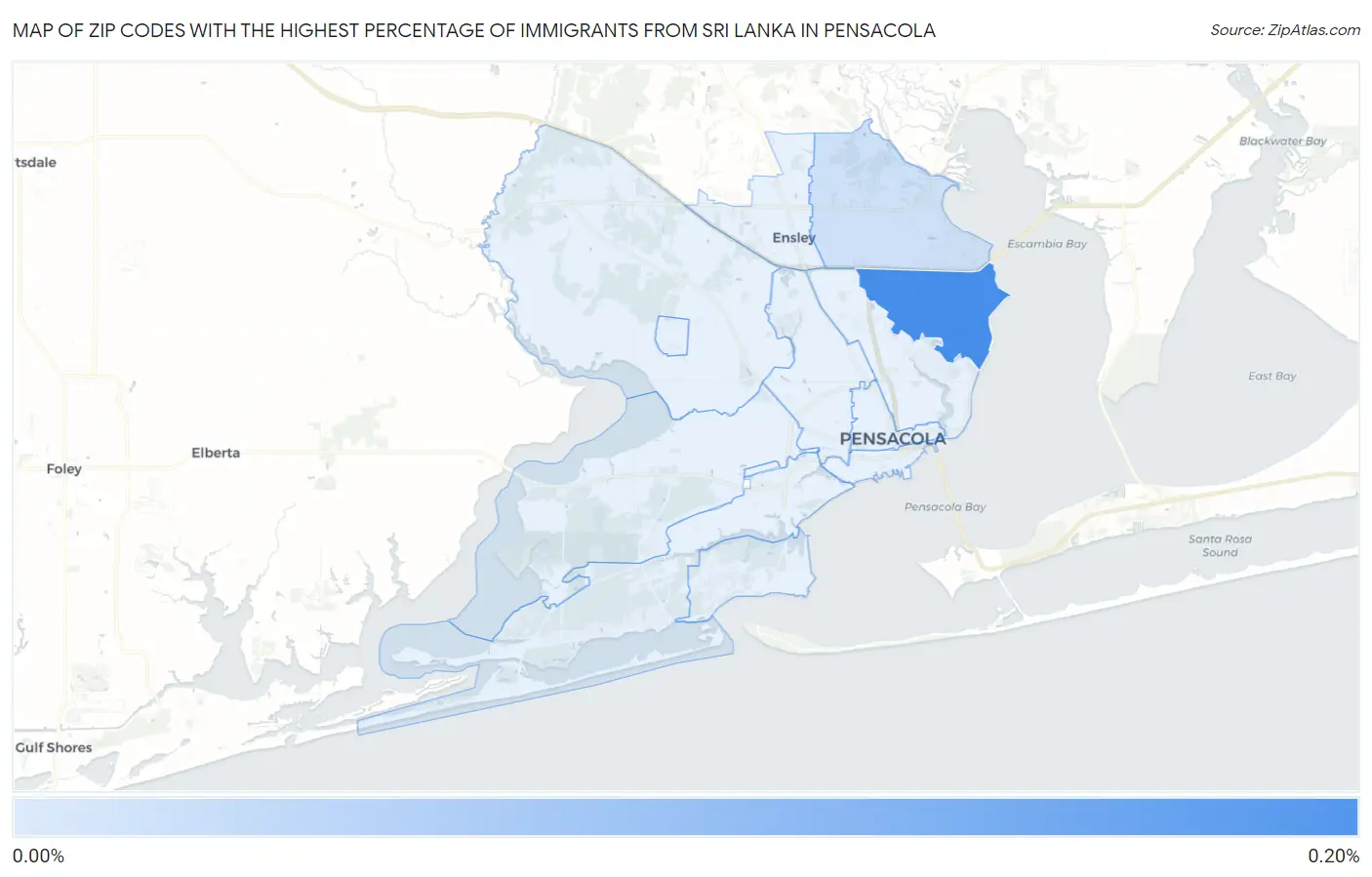 Zip Codes with the Highest Percentage of Immigrants from Sri Lanka in Pensacola Map