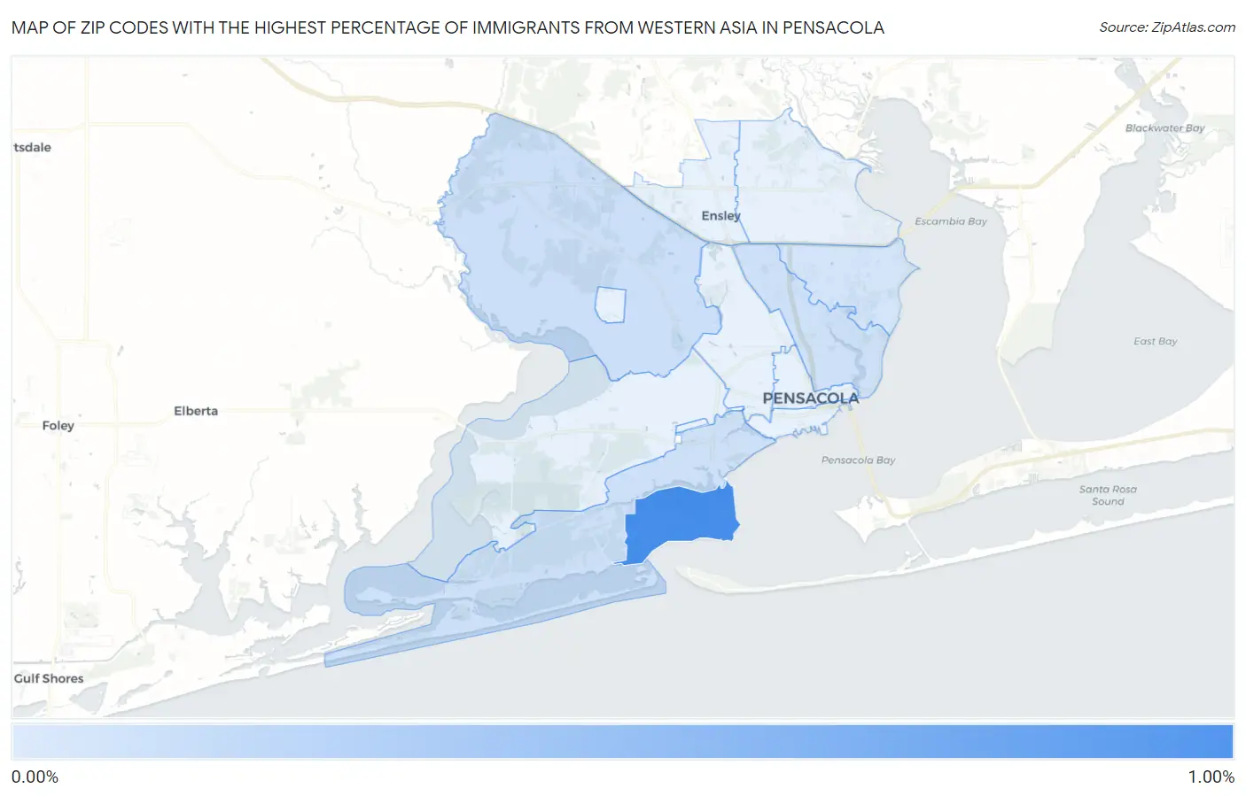 Zip Codes with the Highest Percentage of Immigrants from Western Asia in Pensacola Map
