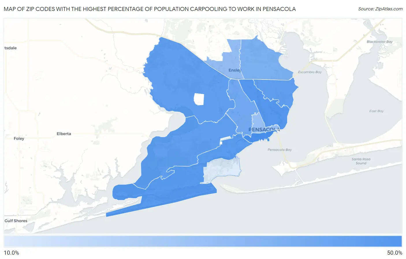 Zip Codes with the Highest Percentage of Population Carpooling to Work in Pensacola Map