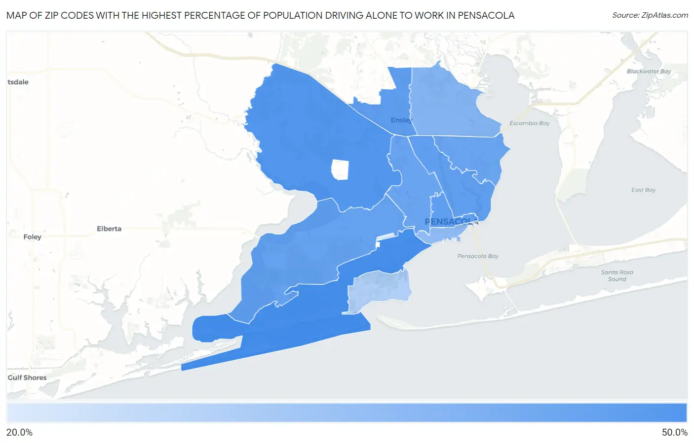 Zip Codes with the Highest Percentage of Population Driving Alone to Work in Pensacola Map