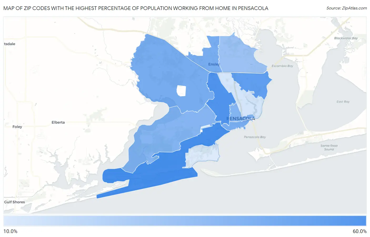 Zip Codes with the Highest Percentage of Population Working from Home in Pensacola Map