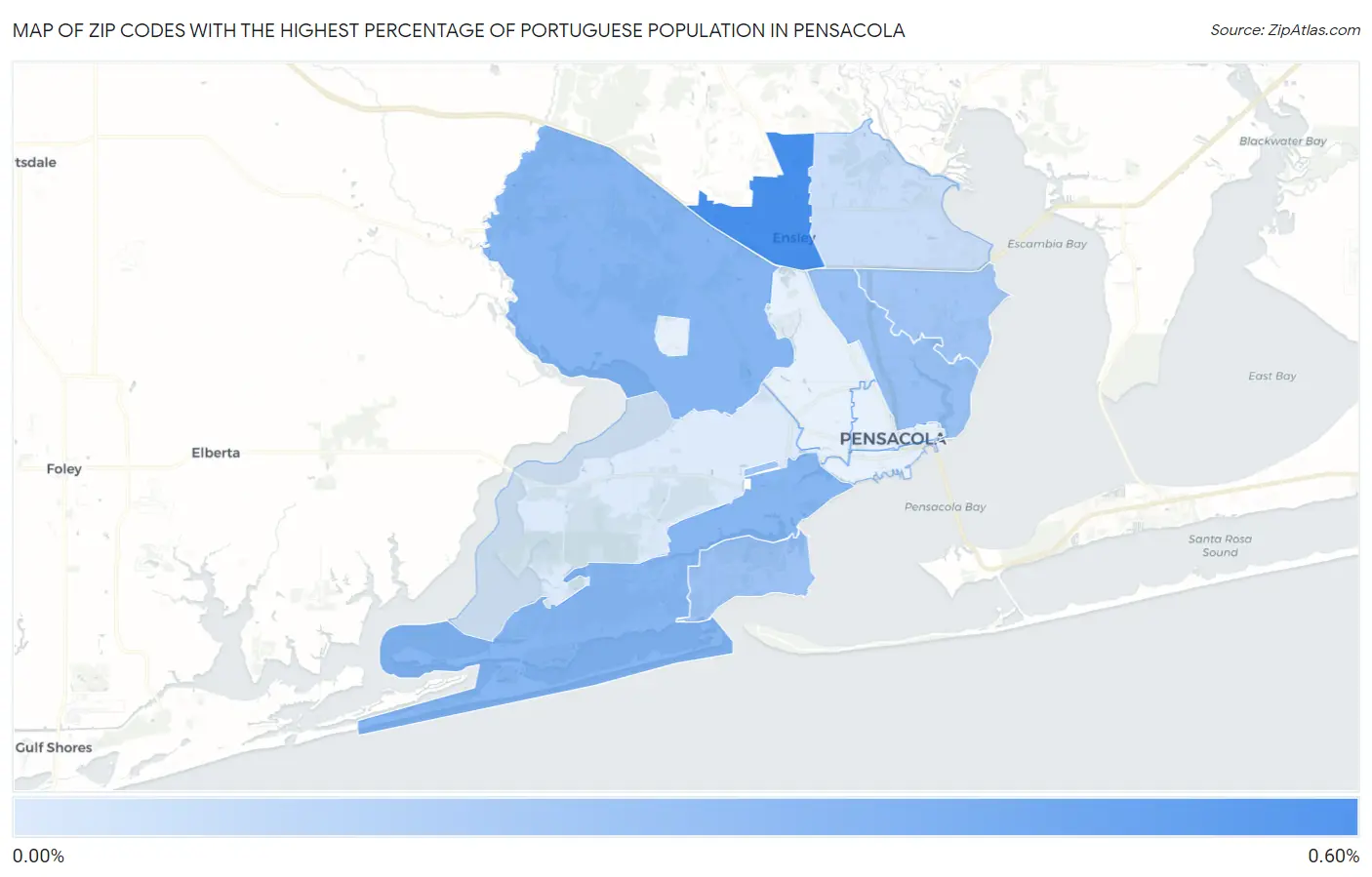 Zip Codes with the Highest Percentage of Portuguese Population in Pensacola Map