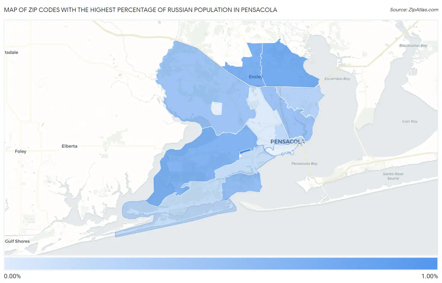 Zip Codes with the Highest Percentage of Russian Population in Pensacola Map