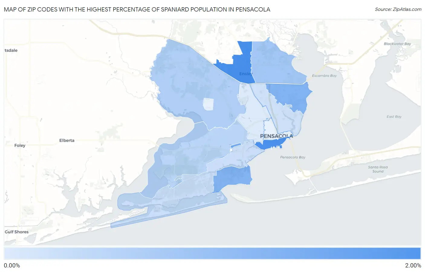 Zip Codes with the Highest Percentage of Spaniard Population in Pensacola Map